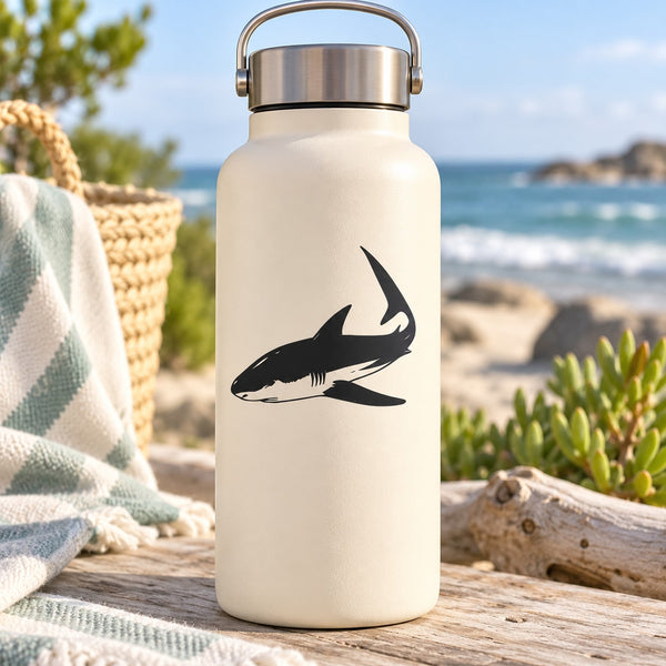 Light cream water bottle with black mako shark decal on front