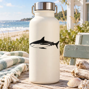 White water bottle with black gliding shark graphic decal on the front
