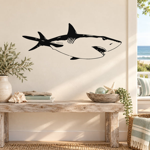 Gliding bull shark wall decal with black-and-white silhouette