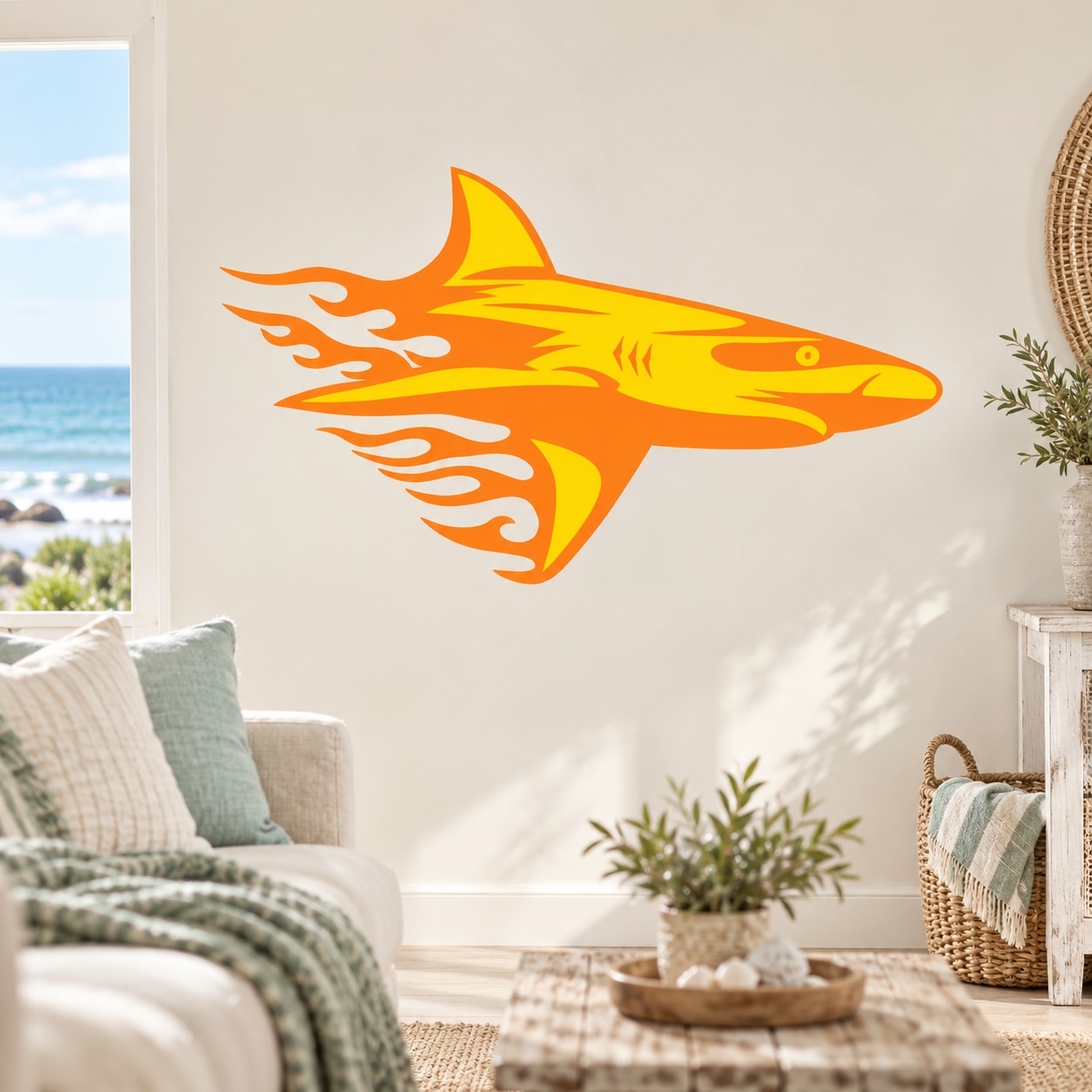 Yellow and orange shark sticker with flame and wave details