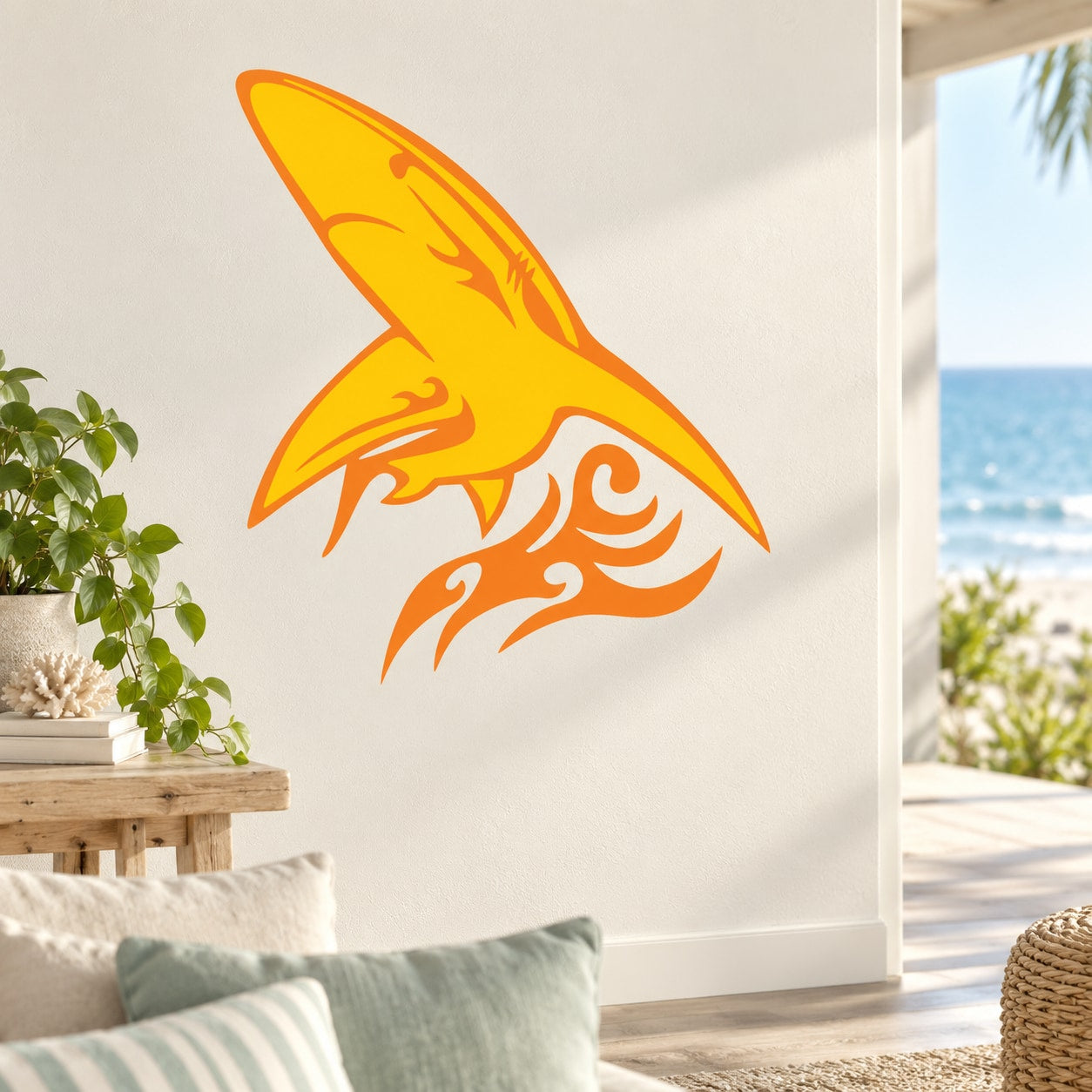 Orange and yellow stylized shark sticker with flame-like fins