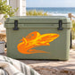 Orange shark flame graphic sticker on a light green cooler