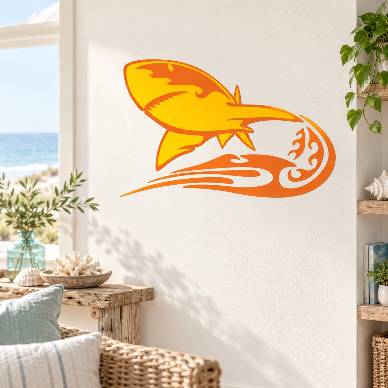 Flame turning shark wall decal in orange and yellow