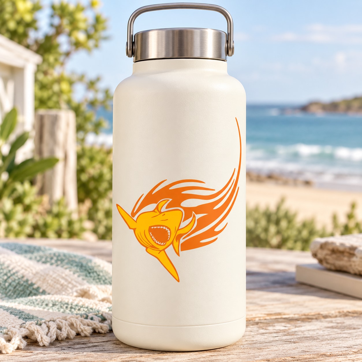 Cream insulated water bottle with orange lunging flash shark sticker graphic
