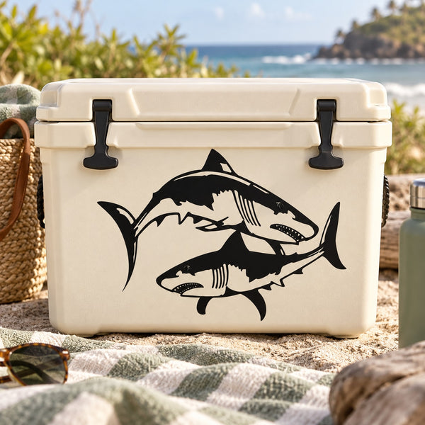 Two tiger shark decal sticker featuring two black shark silhouettes on a cooler