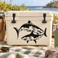 Two tiger shark decal sticker featuring two black shark silhouettes on a cooler