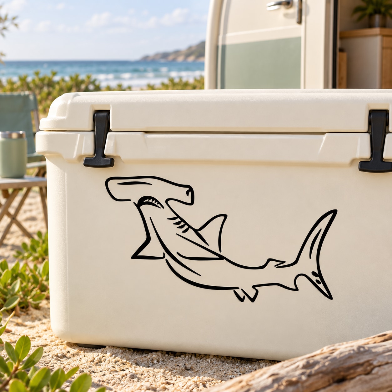 Lunging hammerhead shark decal with black outline on a white cooler