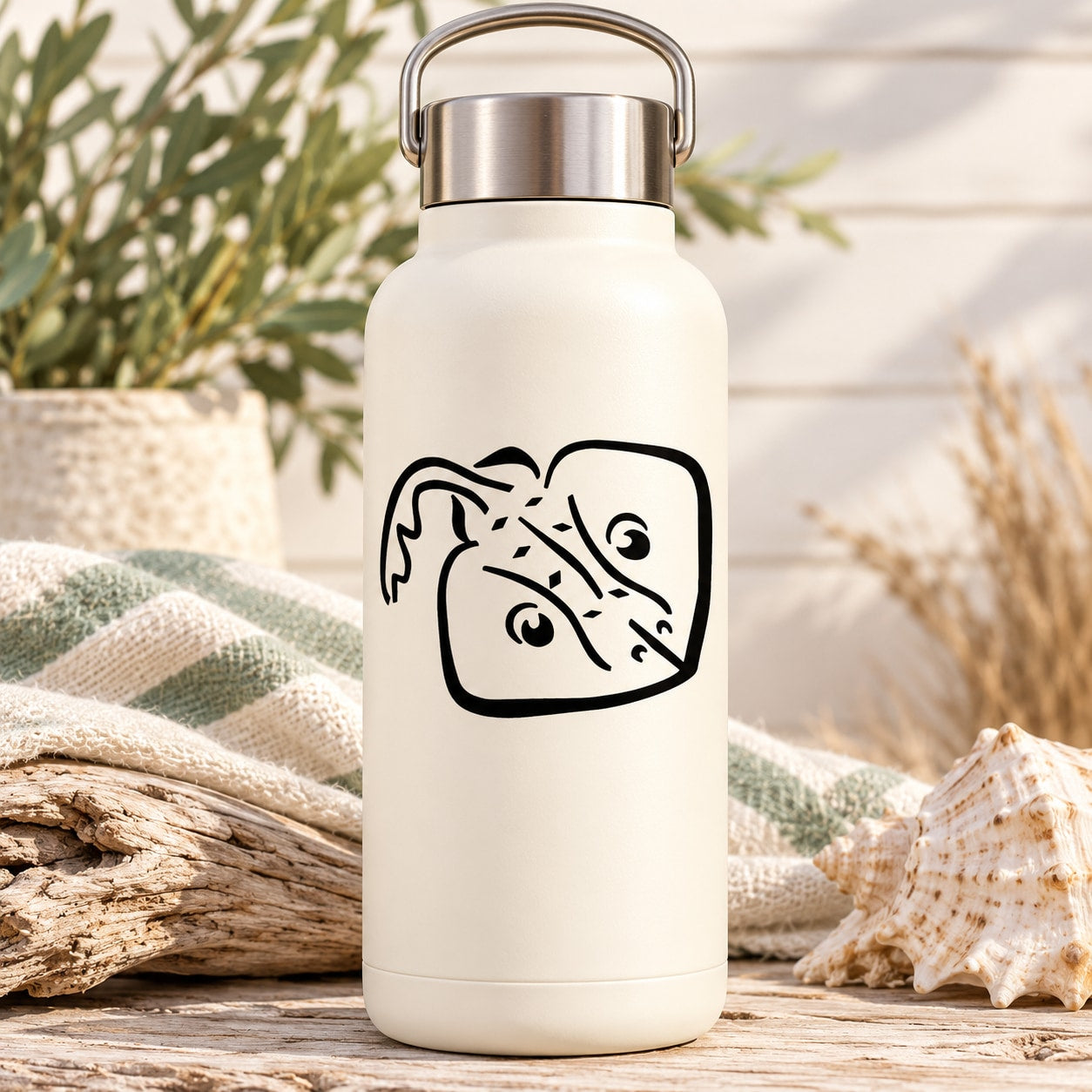 White water bottle with black happy round stingray decal