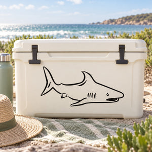 Black tiger shark decal on white cooler front