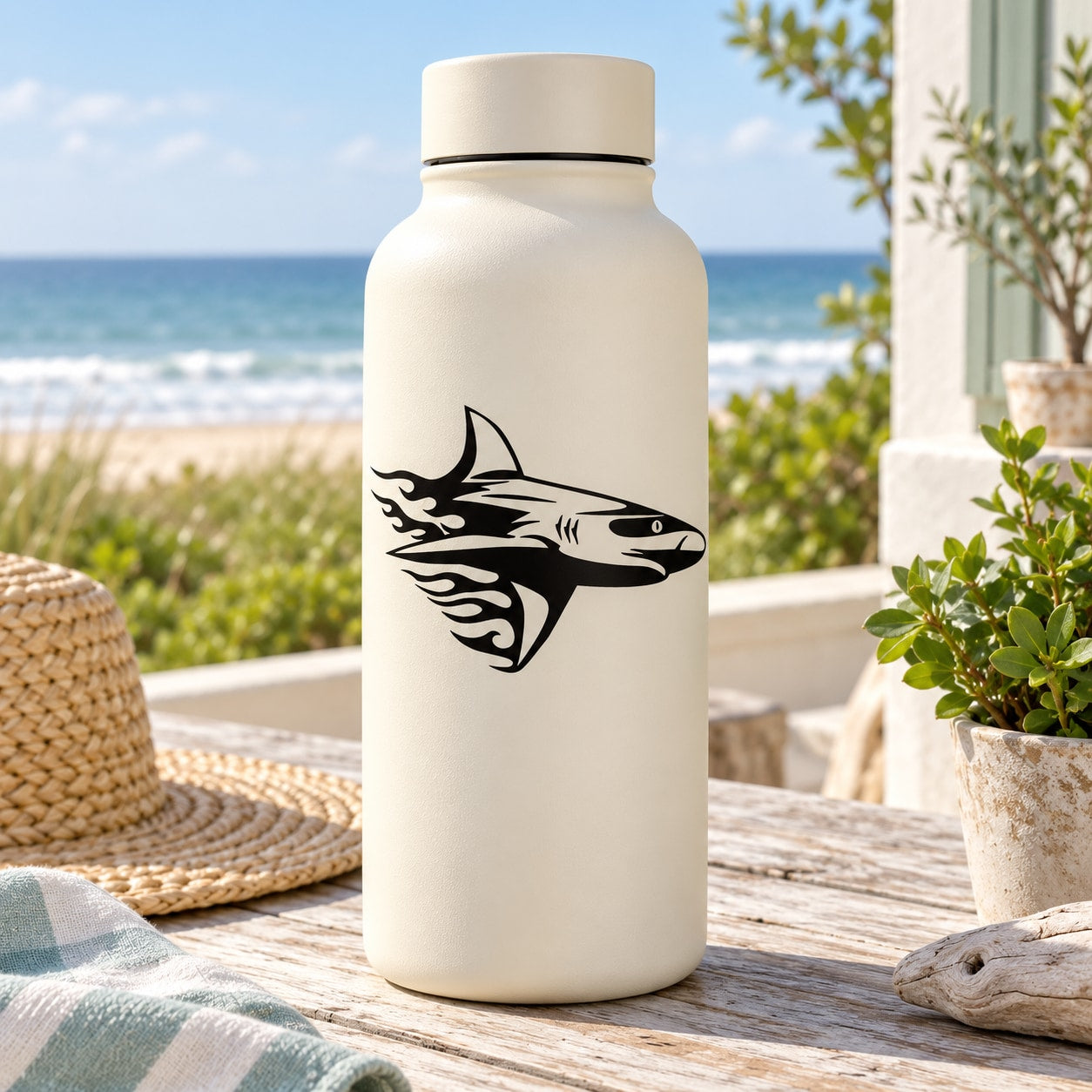 White water bottle with black shark decal