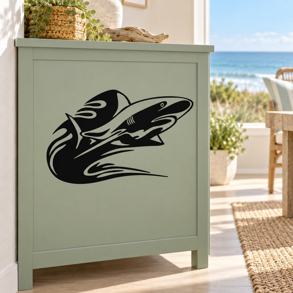 Fire splash shark decal in black on light cabinet panel