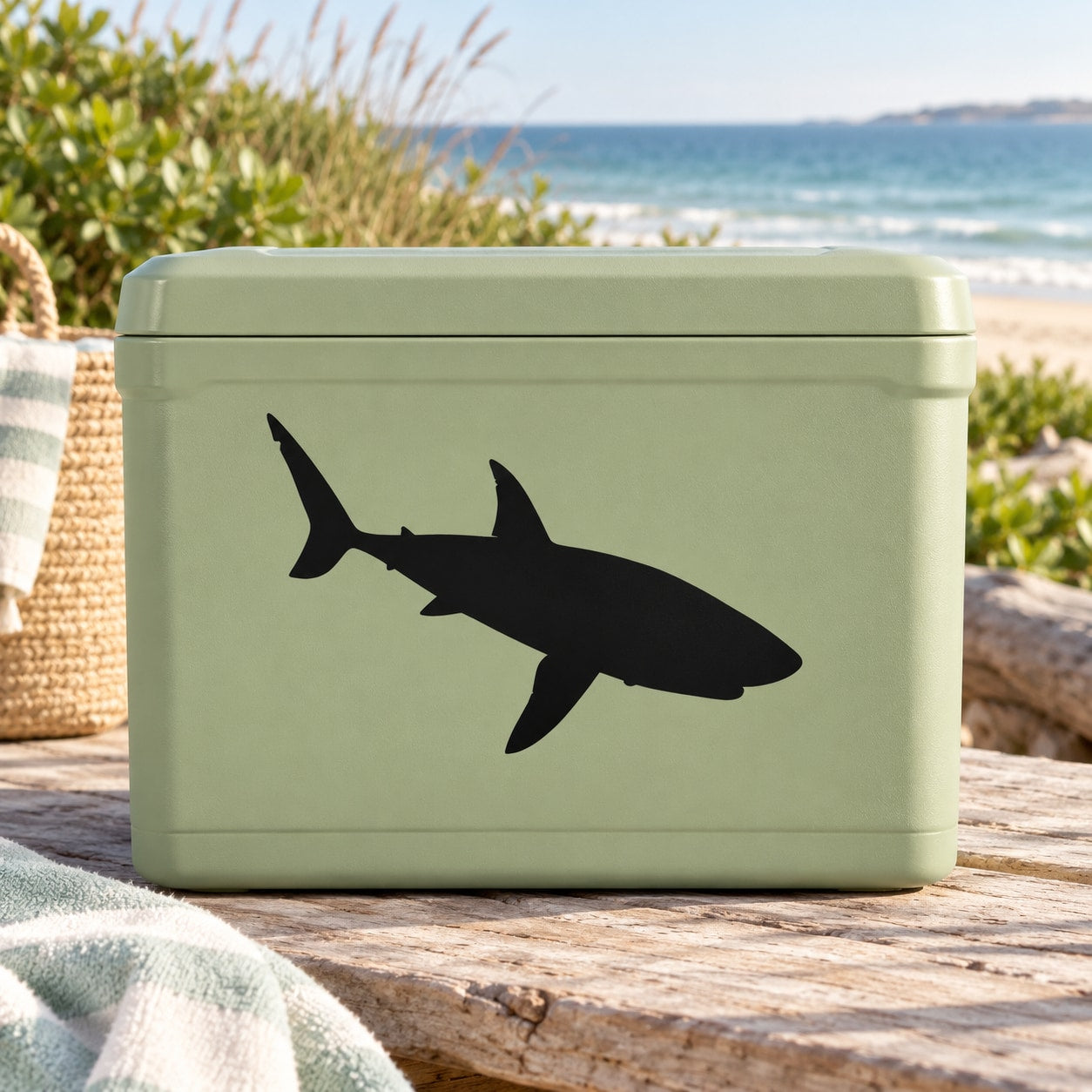 Black shark swimming decal on light green surface