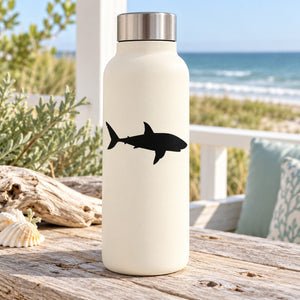 Shark hunting decal: black shark silhouette on a light-colored bottle