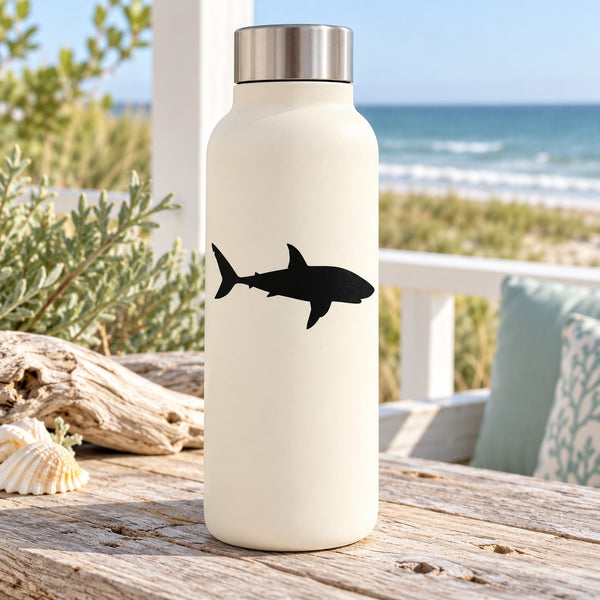 Shark hunting decal: black shark silhouette on a light-colored bottle