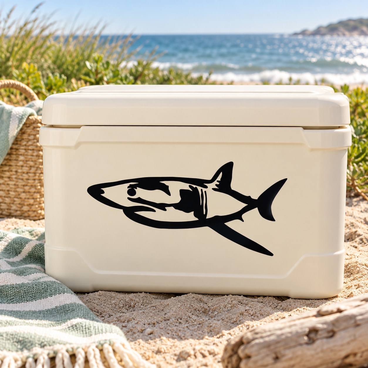 White cooler with black shark decal