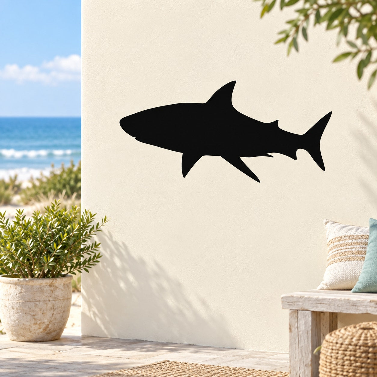 Black shark silhouette wall decal with streamlined fins.