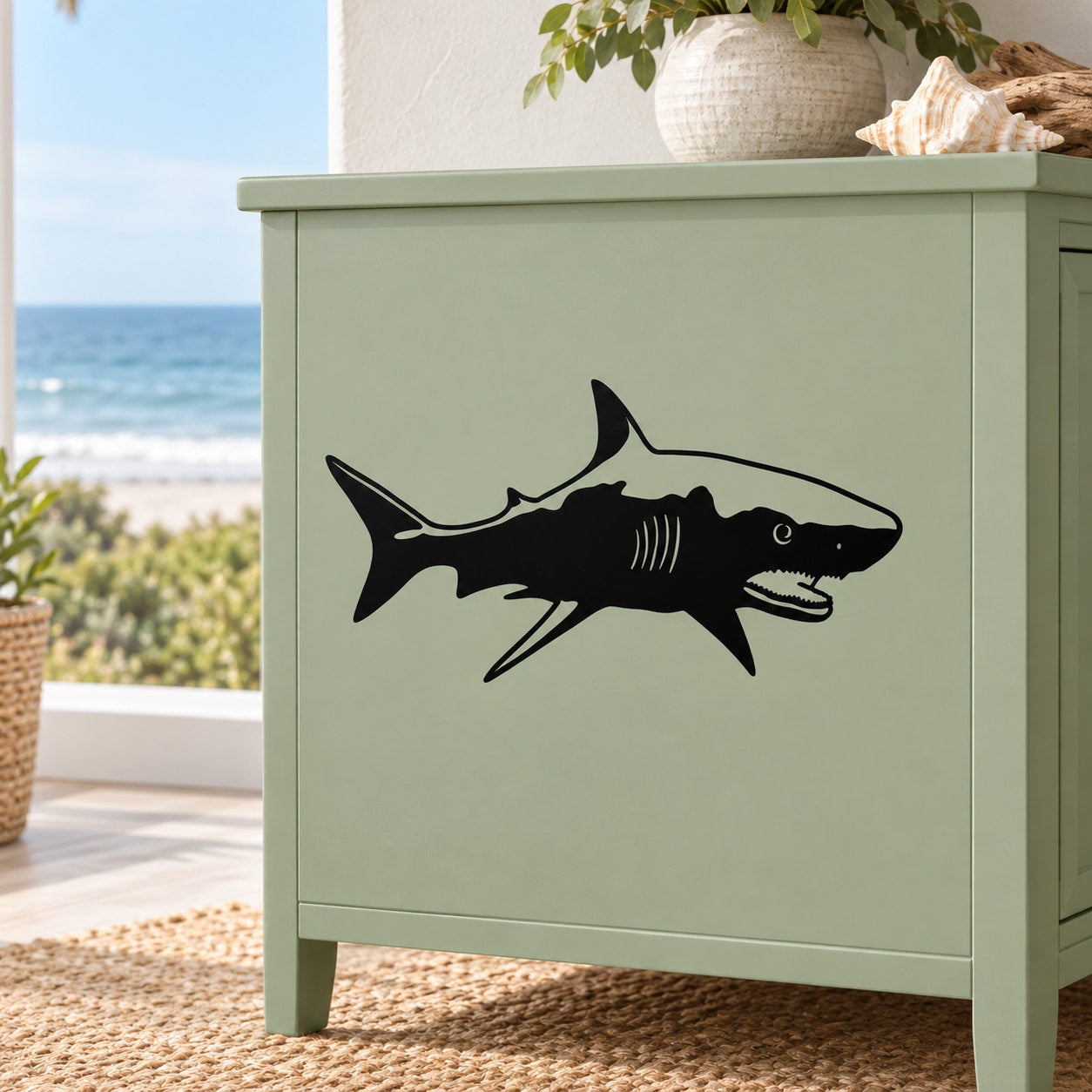 Black open-mouth shark vinyl decal with detailed fins and teeth