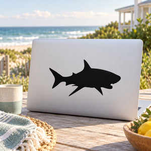 Open-mouth shark silhouette decal, bold black design on a light surface
