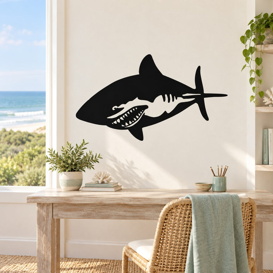 Black great white shark wall decal with open mouth and white tooth detail