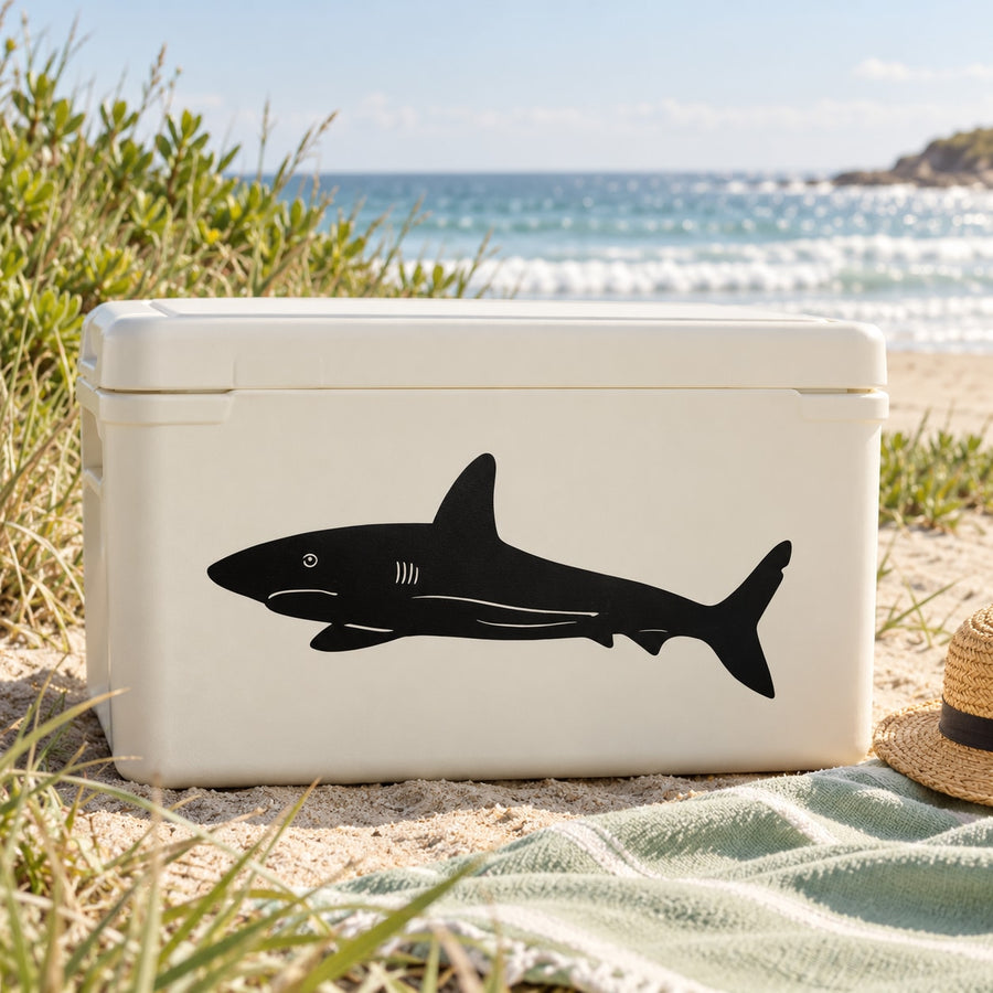 Black shark swimming silhouette decal on white cooler lid