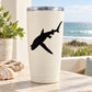 Tiger shark lunging decal on white tumbler with black silhouette