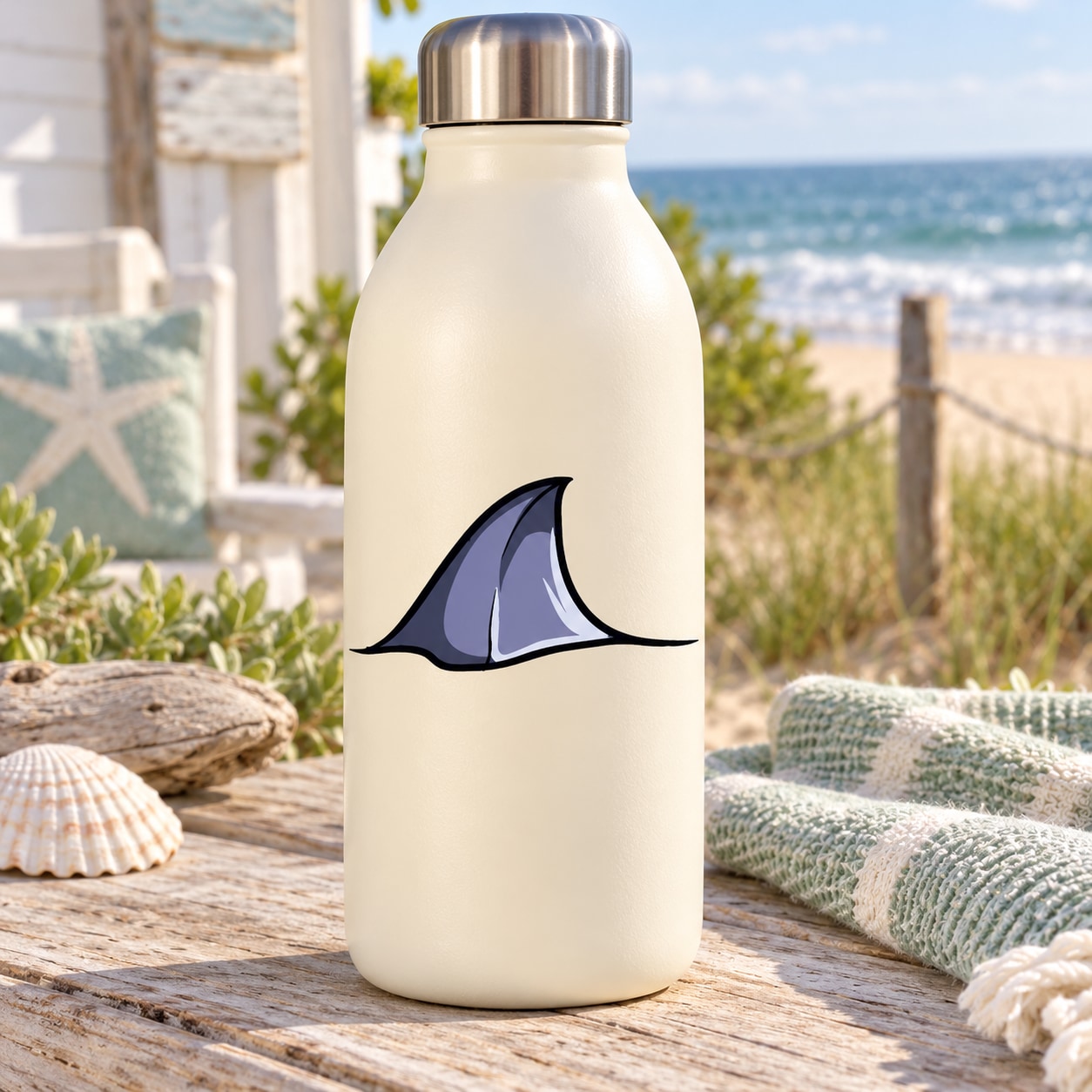 Shark fin graphic sticker on light-colored bottle