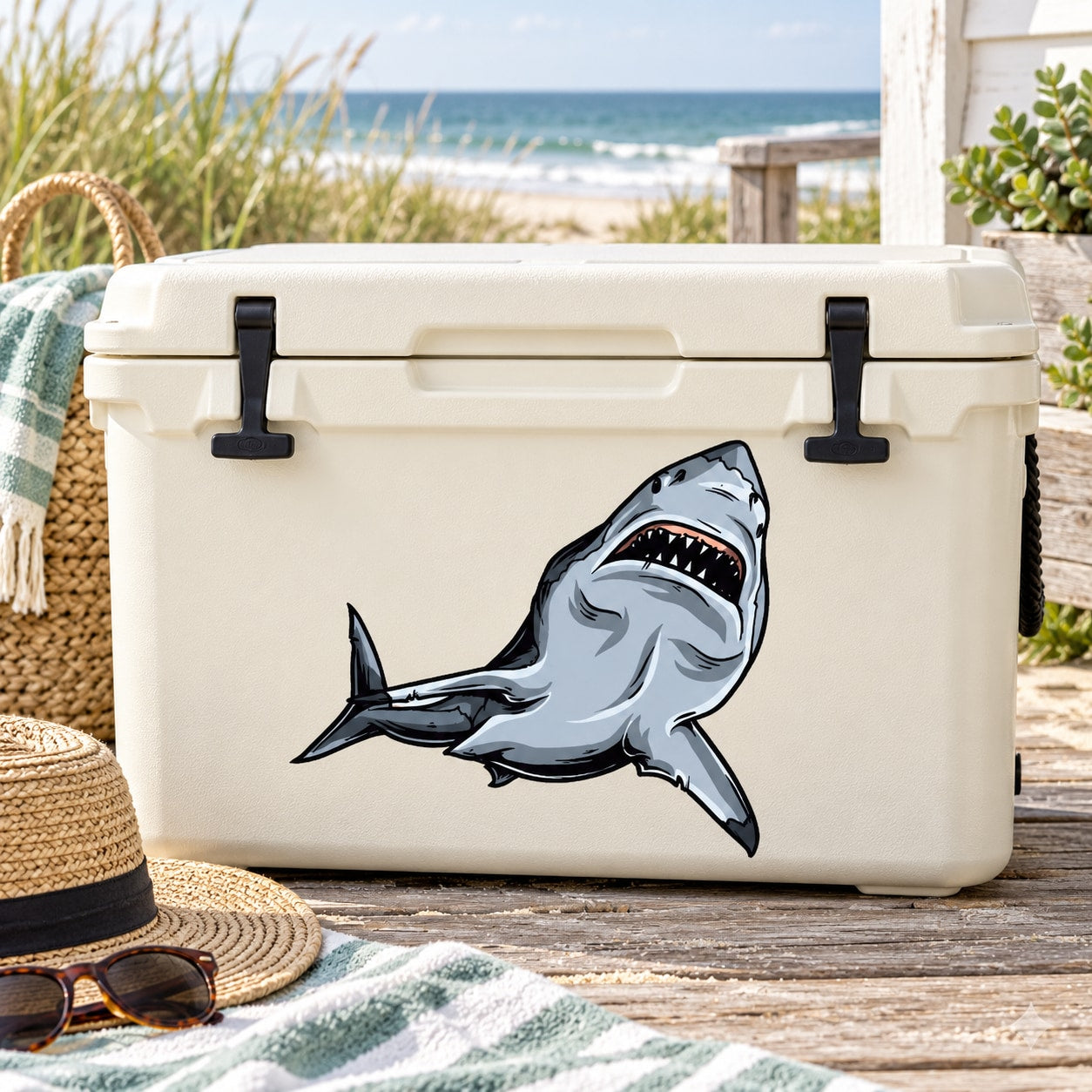 Shark graphic turning sticker on white cooler