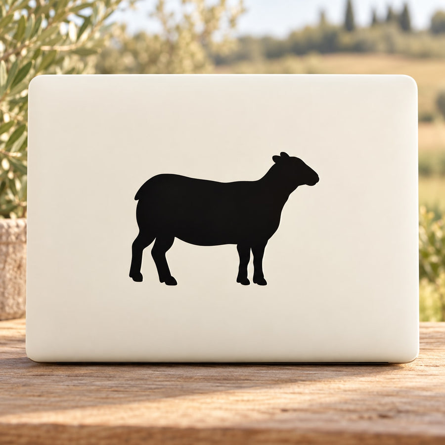 Classic sheep decal with black sheep silhouette on a white rectangular backing