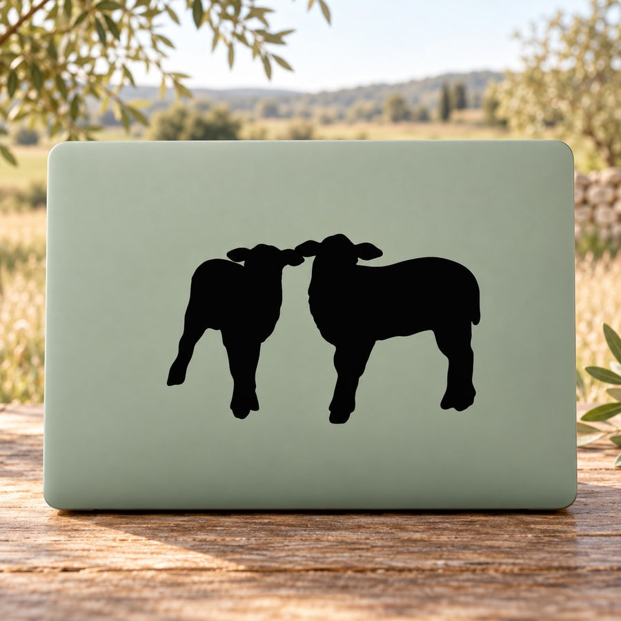 Sheep staring wall decal: two black sheep silhouettes on a light green rectangular background