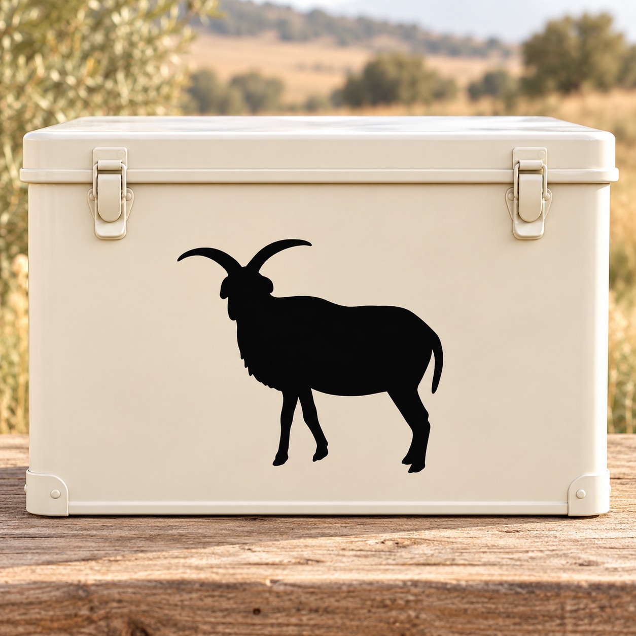 Horned Jacob sheep silhouette decal, black graphic on a white surface.