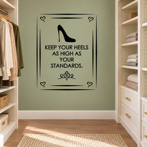 Black wall decal with heels quote and heart corner icons