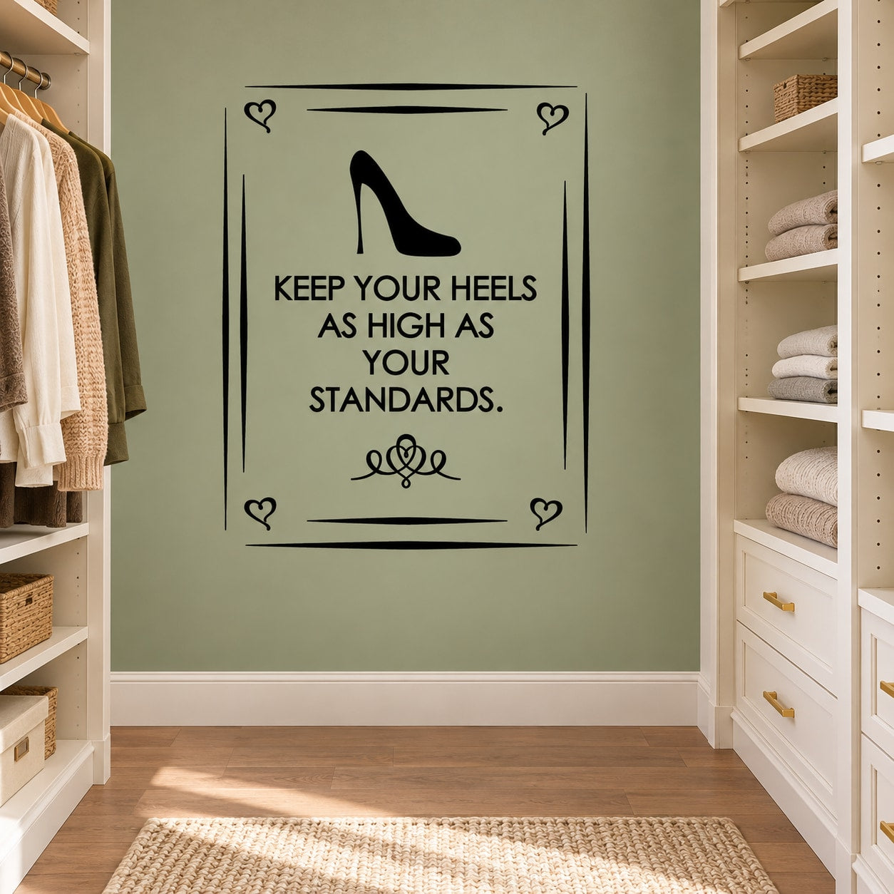 Black wall decal with heels quote and heart corner icons