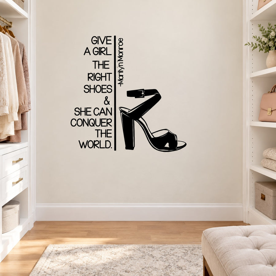 Quote wall decal with black text and high-heel shoe icon, vertical layout