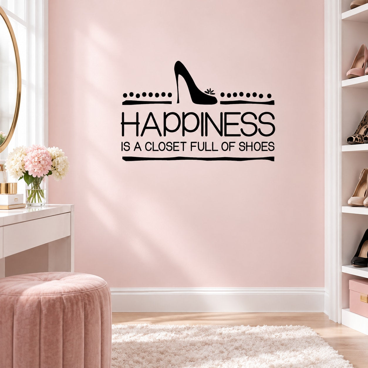 High-heel wall decal with 'HAPPINESS' and 'closet full of shoes' lettering