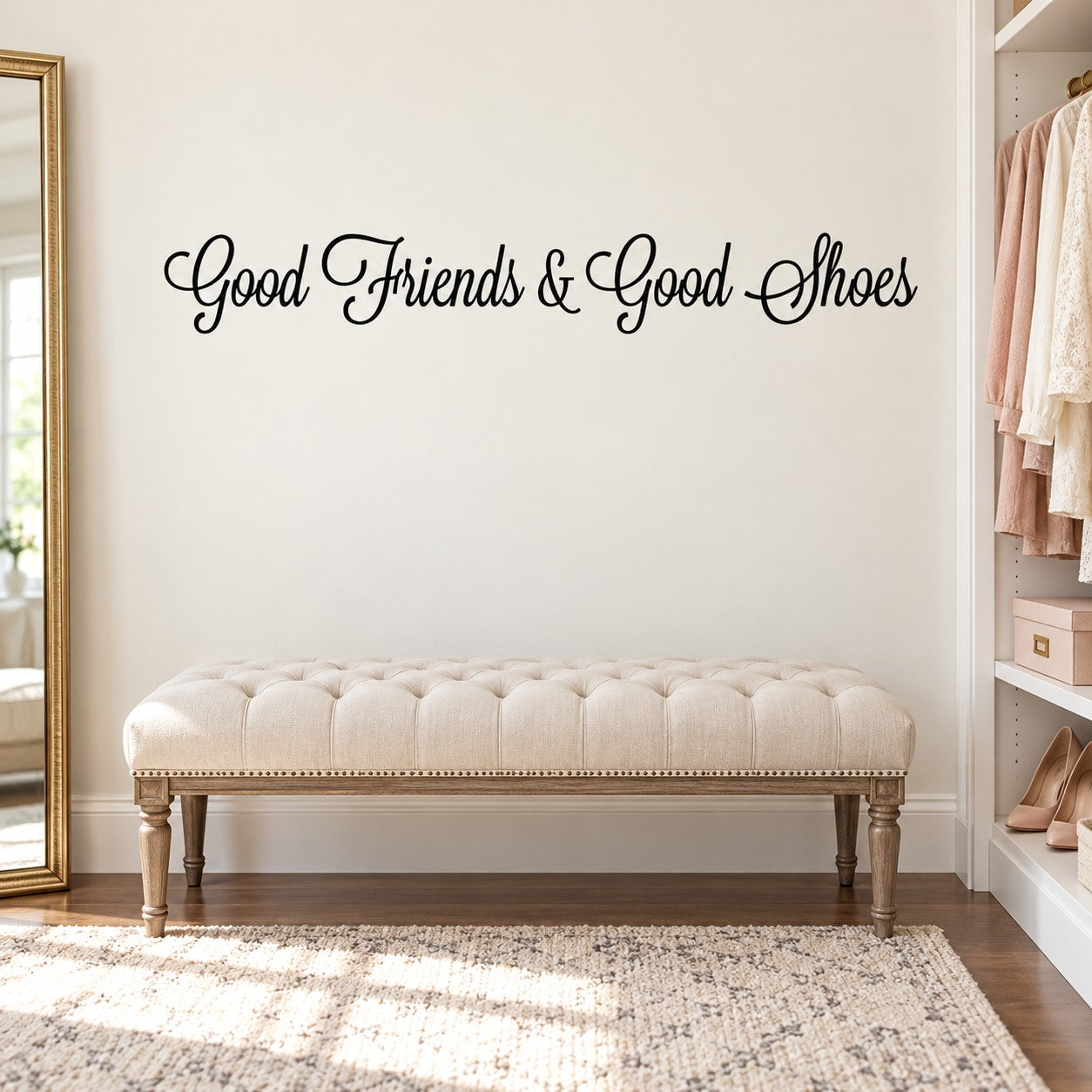 Good Friends & Good Shoes wall decal in black cursive text