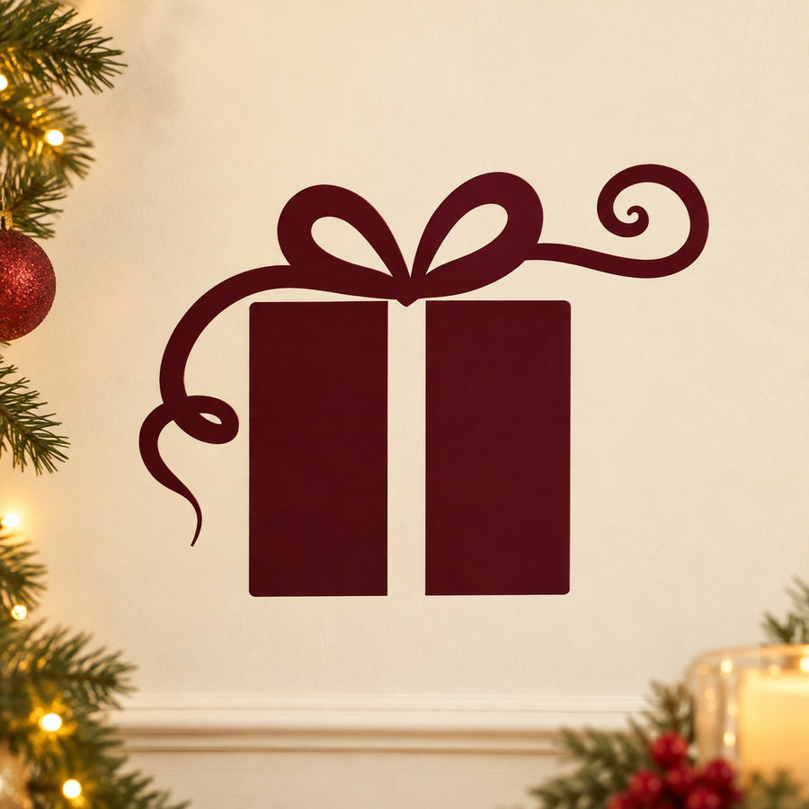 Burgundy gift box with bow and ribbon decal, two gift panels with outline