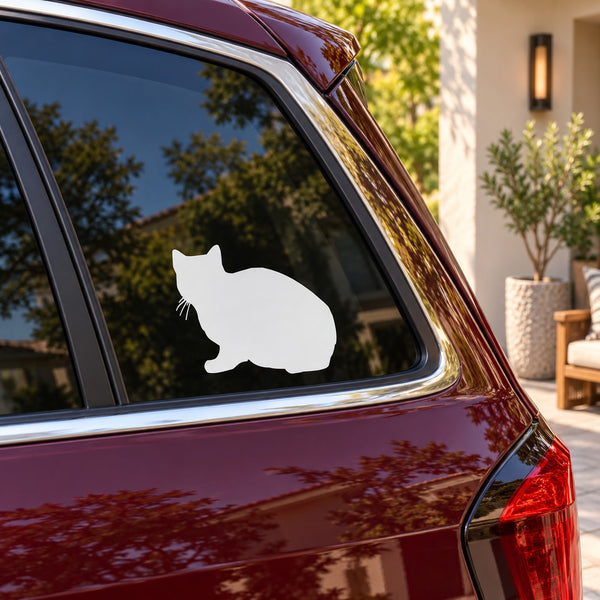Sitting cat window decal on a car rear side glass, white silhouette