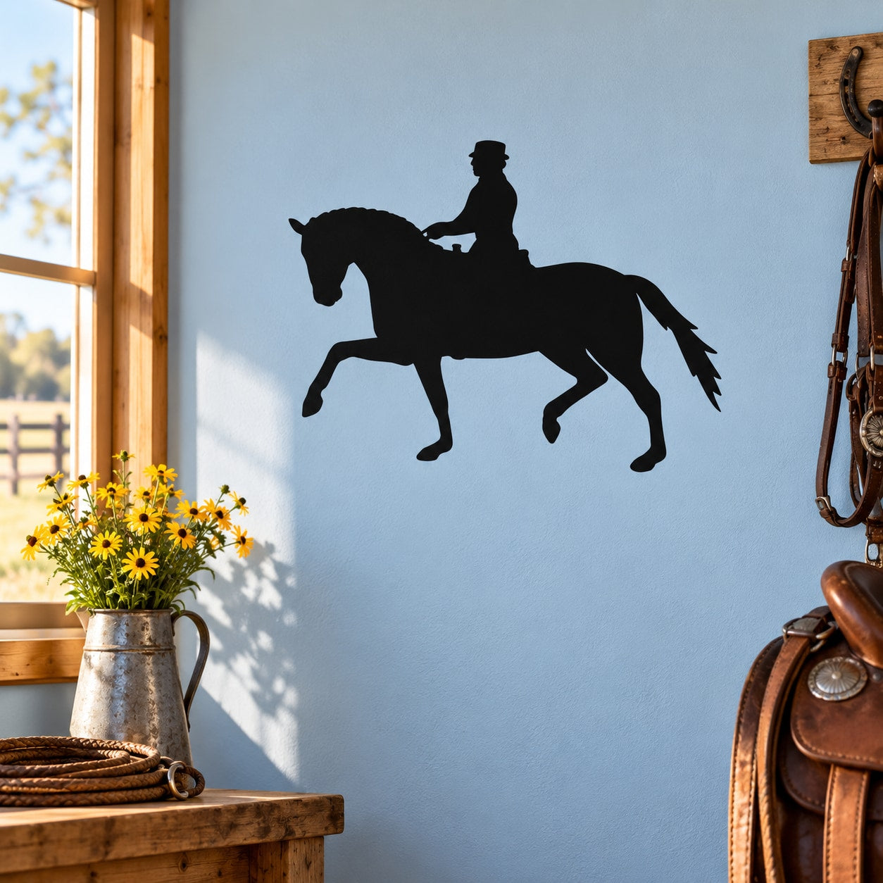 Black horse and rider silhouette decal with rider on mounted horse