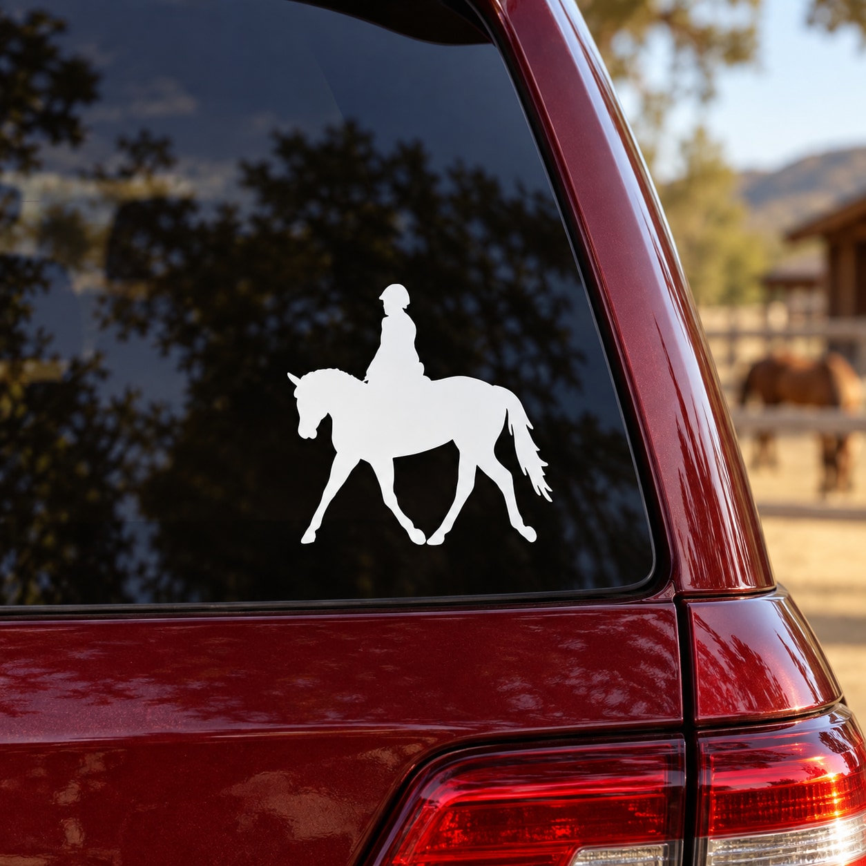 White horse with rider decal silhouette on car window glass