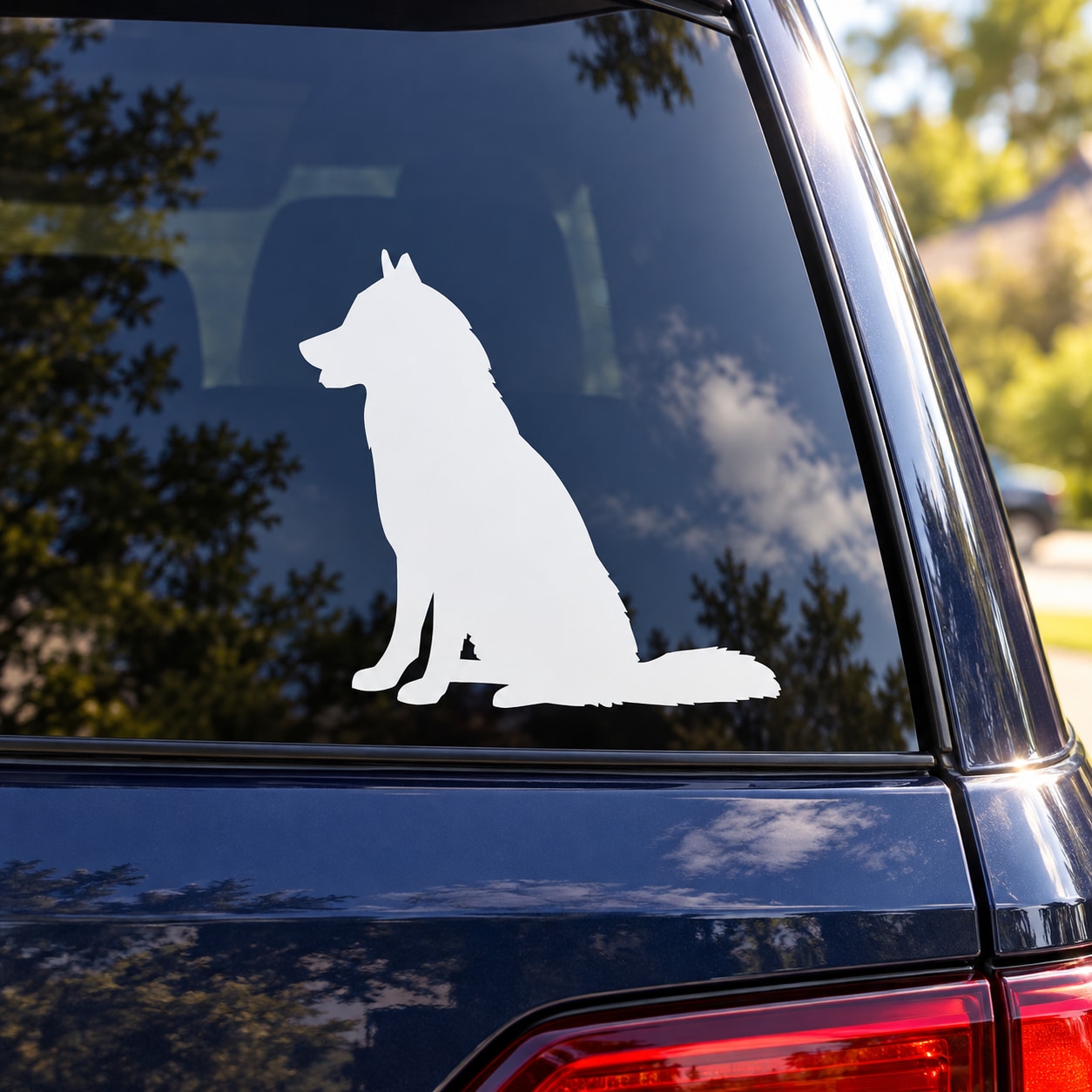 Sitting husky silhouette car decal, white
