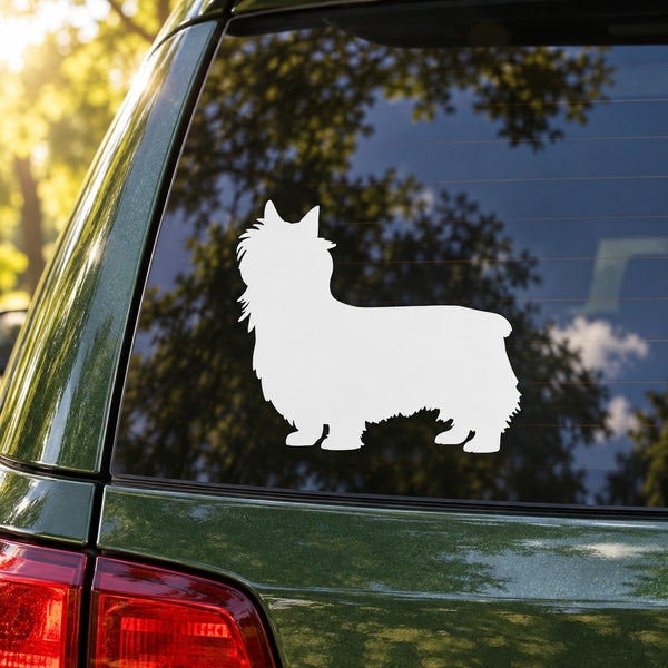 Silky terrier dog decal sticker, white dog silhouette on dark car window glass