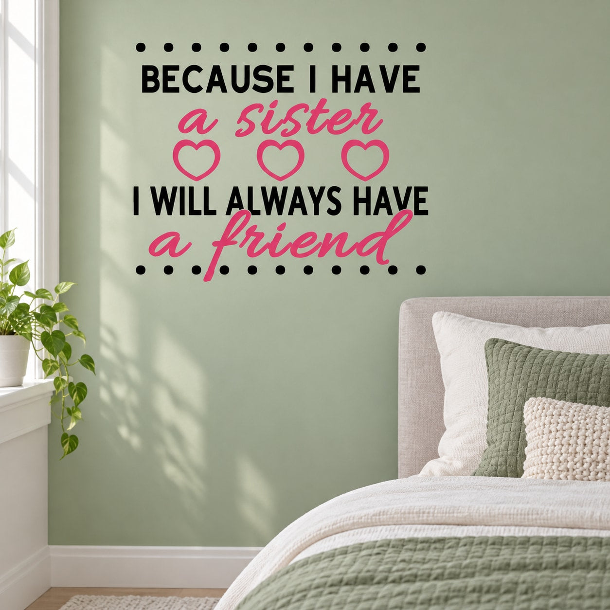 Printed die-cut wall decal with black and pink quote lettering and heart icons