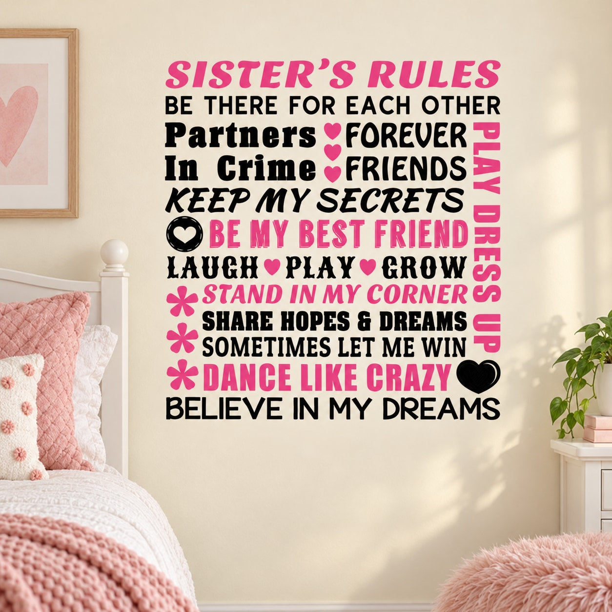 Inspirational sister-themed word collage wall decal with colorful pink and black text