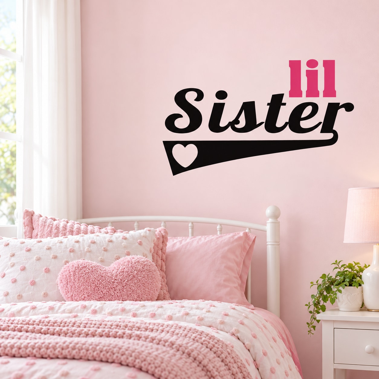 Wall decal with the word “Sister,” heart and two candle icons in pink and black