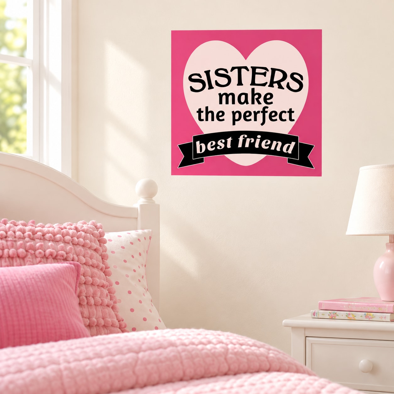 Pink heart wall decal with text "SISTERS make the perfect best friend"