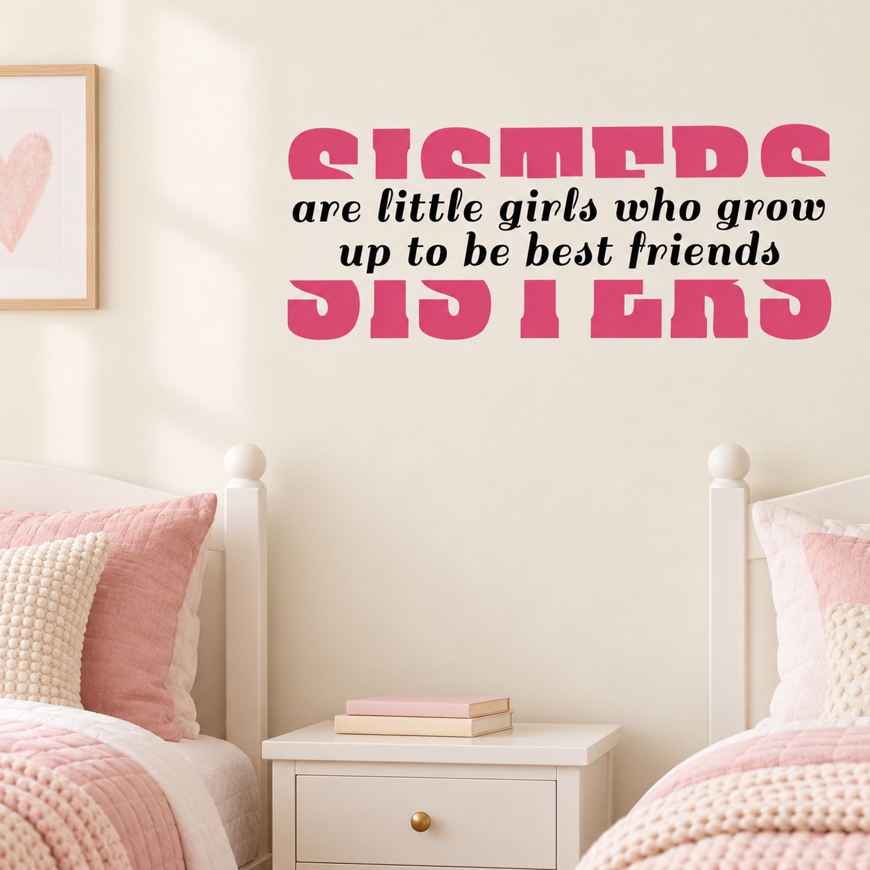 Pink wall decal text: “Little girls who grow up to be best friends” with “Sisters”