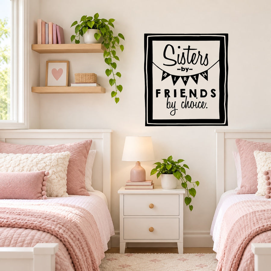 Square wall decal with black border and text: "Sisters by Birth" "Friends by choice"