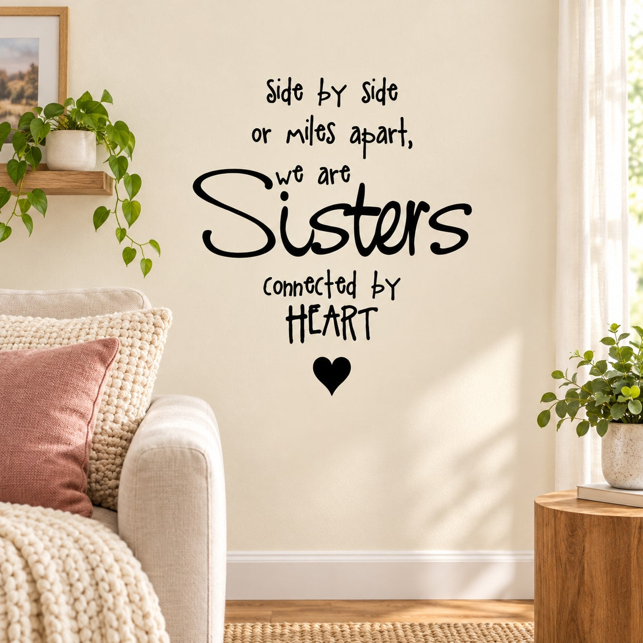 Wall decal with black text: "Sisters" connected by heart, plus small heart icon