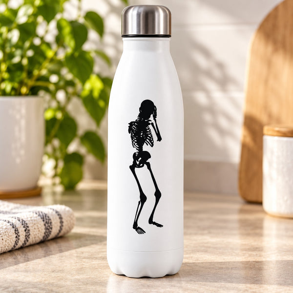 White water bottle with black worried skeleton decal