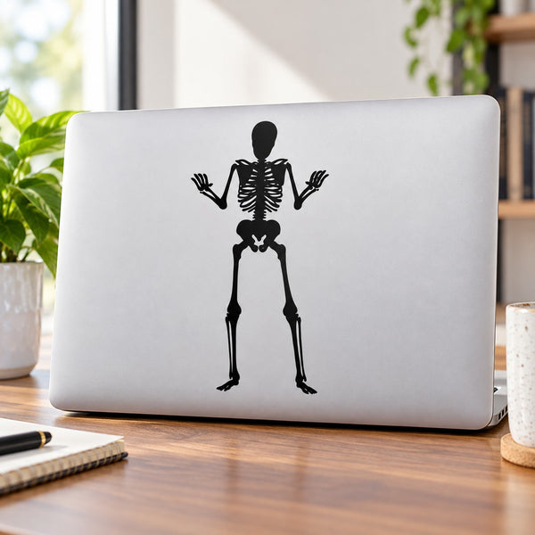 Black skeleton graphic decal with arms raised, bold stencil style